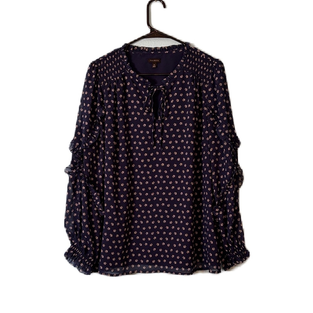 Talbots Navy Floral Tie Neck Peasant Ruffle Sleeve Blouse Size XL